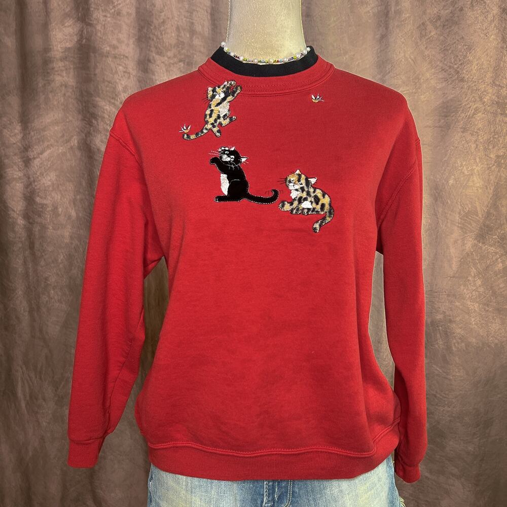 Vintage 90s Cats Kittens Patchwork Sweatshirt Red… - image 5